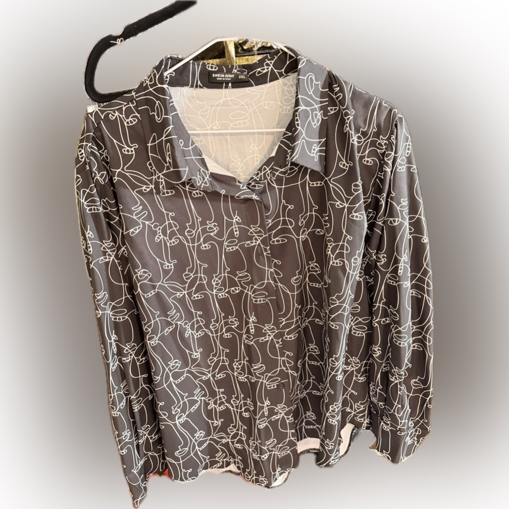 SHEIN Abstract Print Button Down Shirt - Black and White